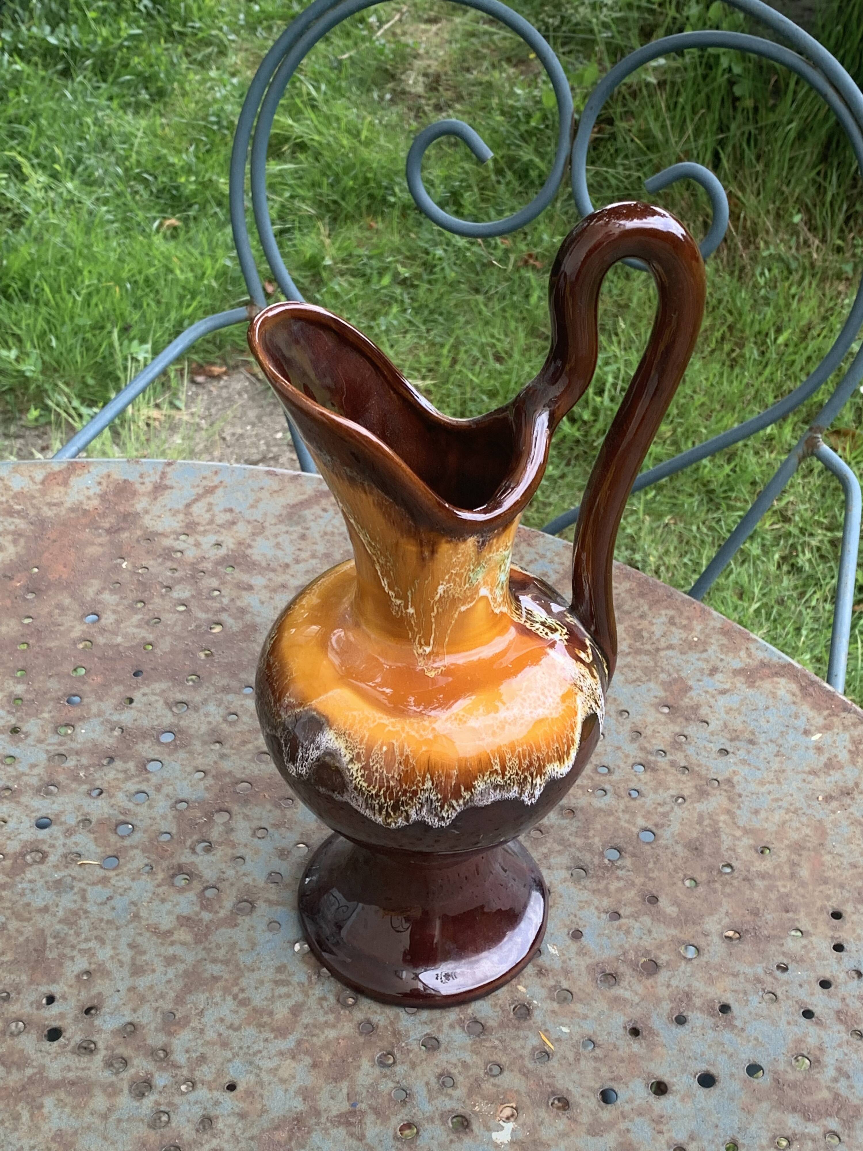 Carafe with handle, jug, vase in Vallauris style enamelled ceramic