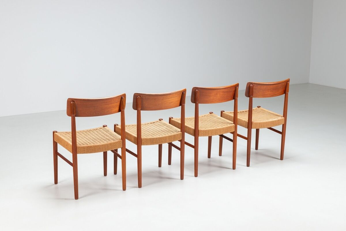 Set of four Danish dining chairs in teak and paper cord, Denmark, 1960