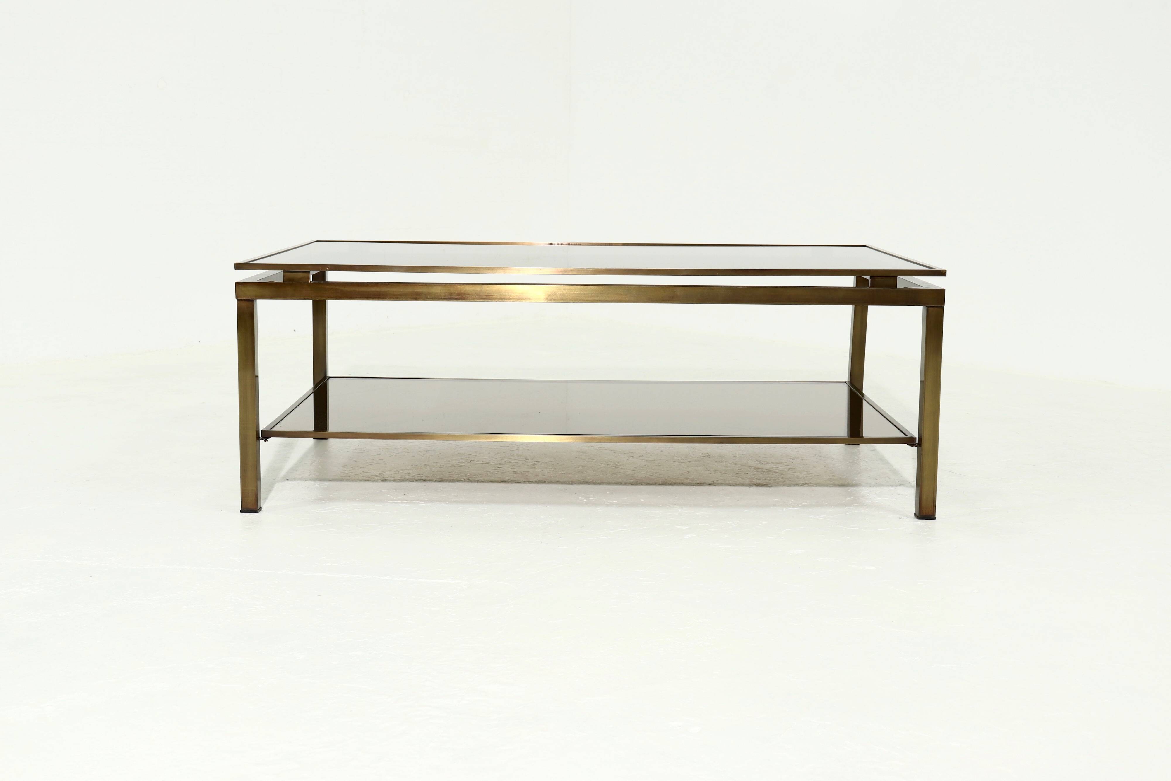Two Tier Brass and Smoked Glass Coffee Table 1970s