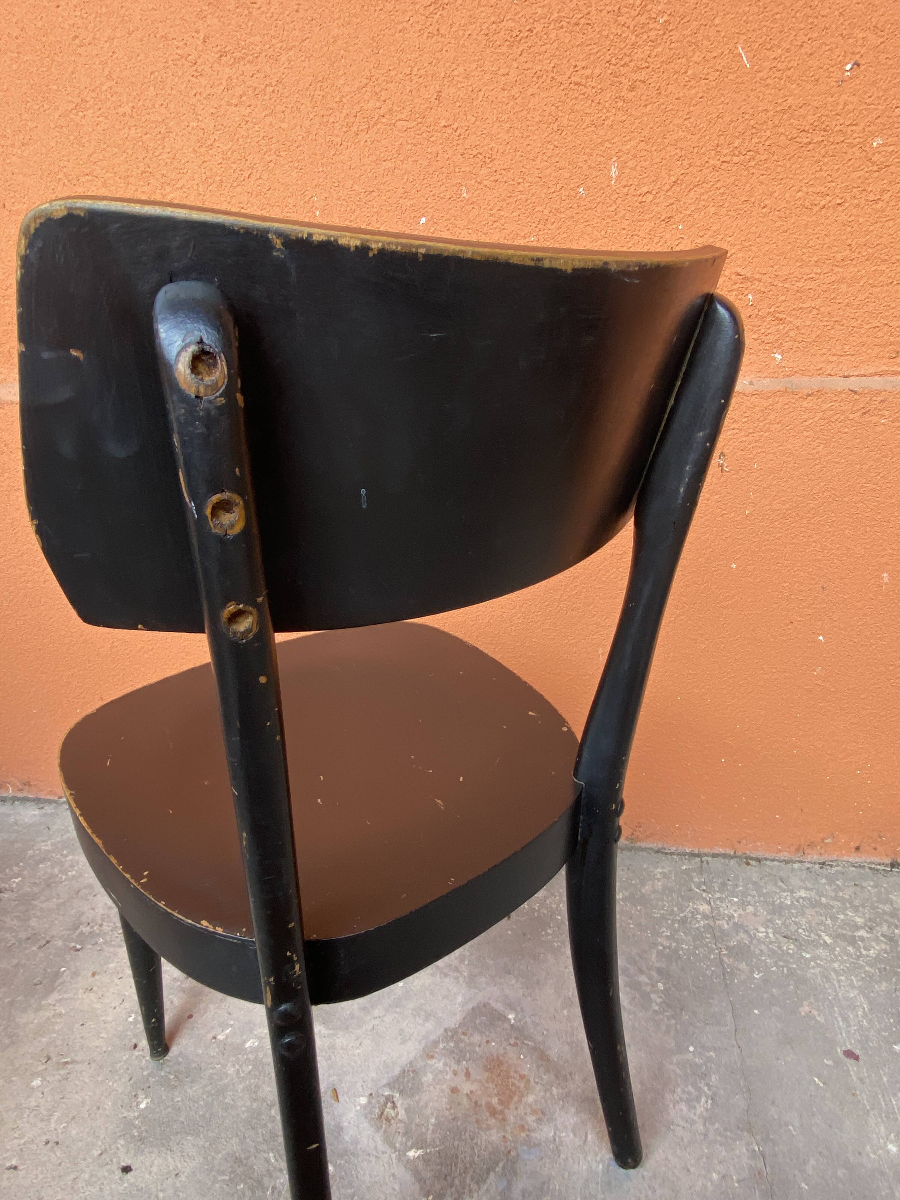 6 patinated curved wood bistro chairs