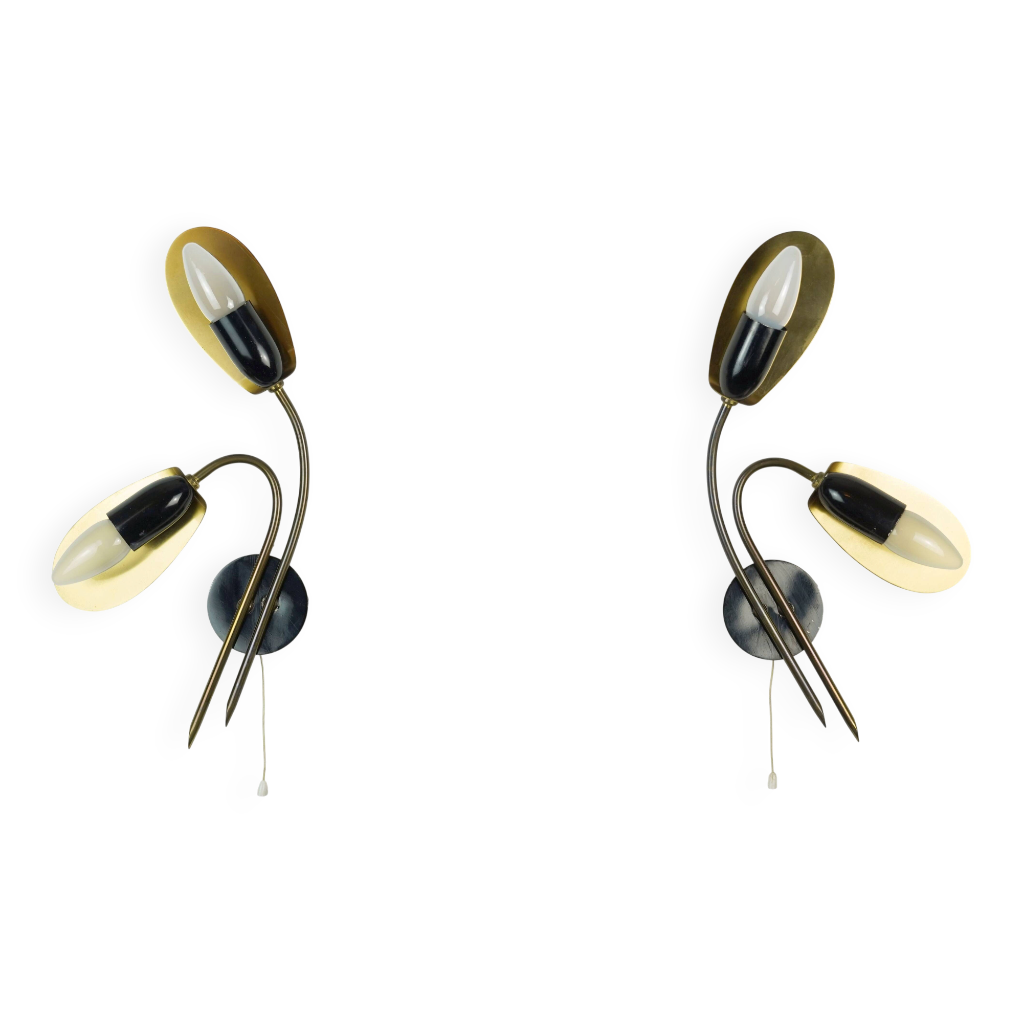 Pair of 1950s mid century sconces wall lamps brass black metal
