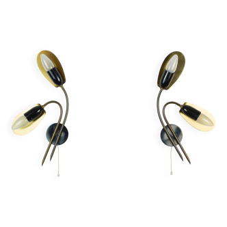 Pair of 1950s mid century sconces wall lamps brass black metal