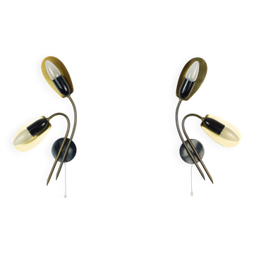 Pair of 1950s mid century sconces wall lamps brass black metal