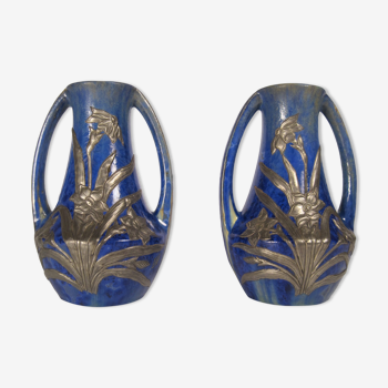 Paire de vases art nouveau en grès flammé bleu de pierrefonds , etains d'art
