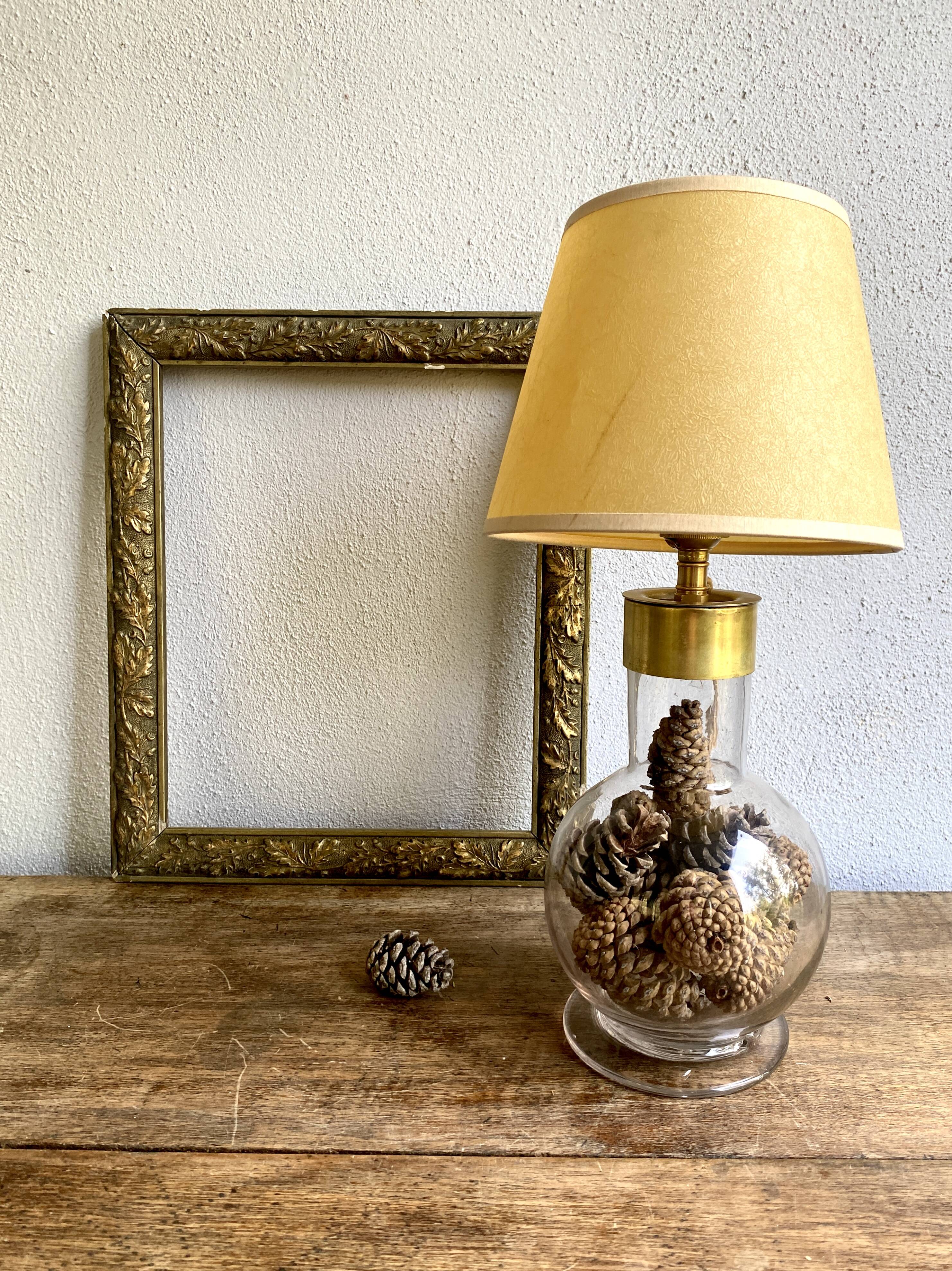 Glass lamp, brass, 2 M fabric cable, 50s lampshade