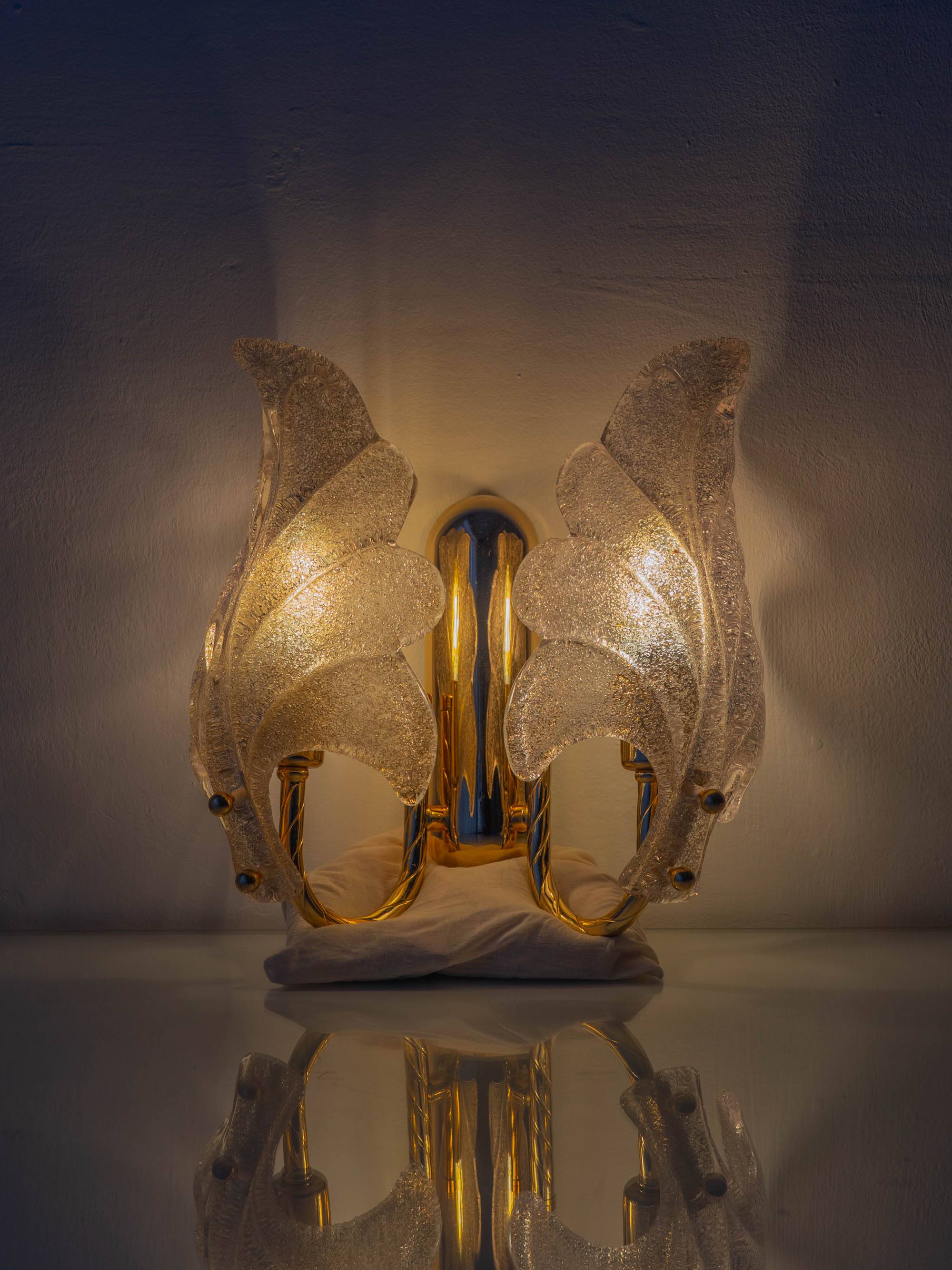 Murano Graniglia Glass Double-Leaf Brass Wall Sconce, Italy, 1960s