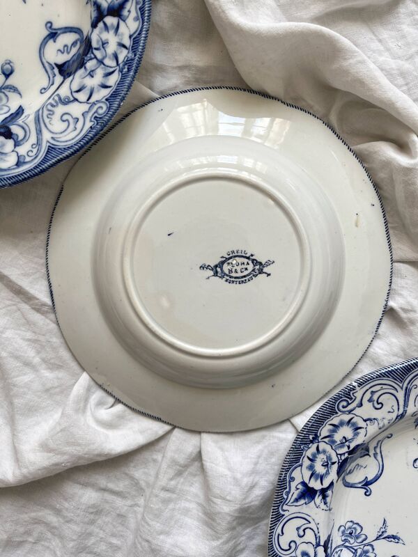 3 assiettes creuses en terre de fer Flora, Creil et Montereau fin XIXe