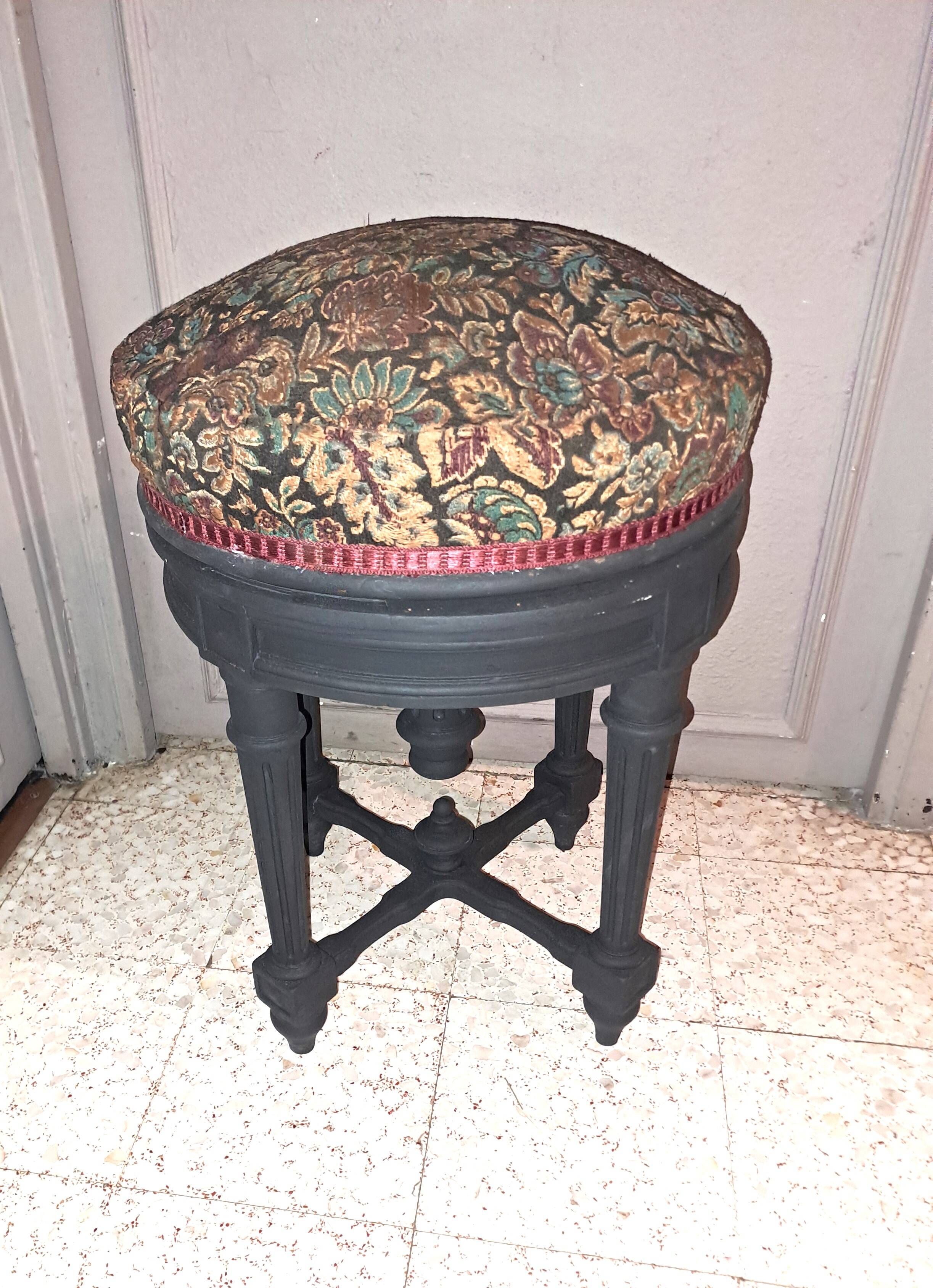 Black wood piano stool XIX Napoleon III style restoration fabric upholstery living room decoration
