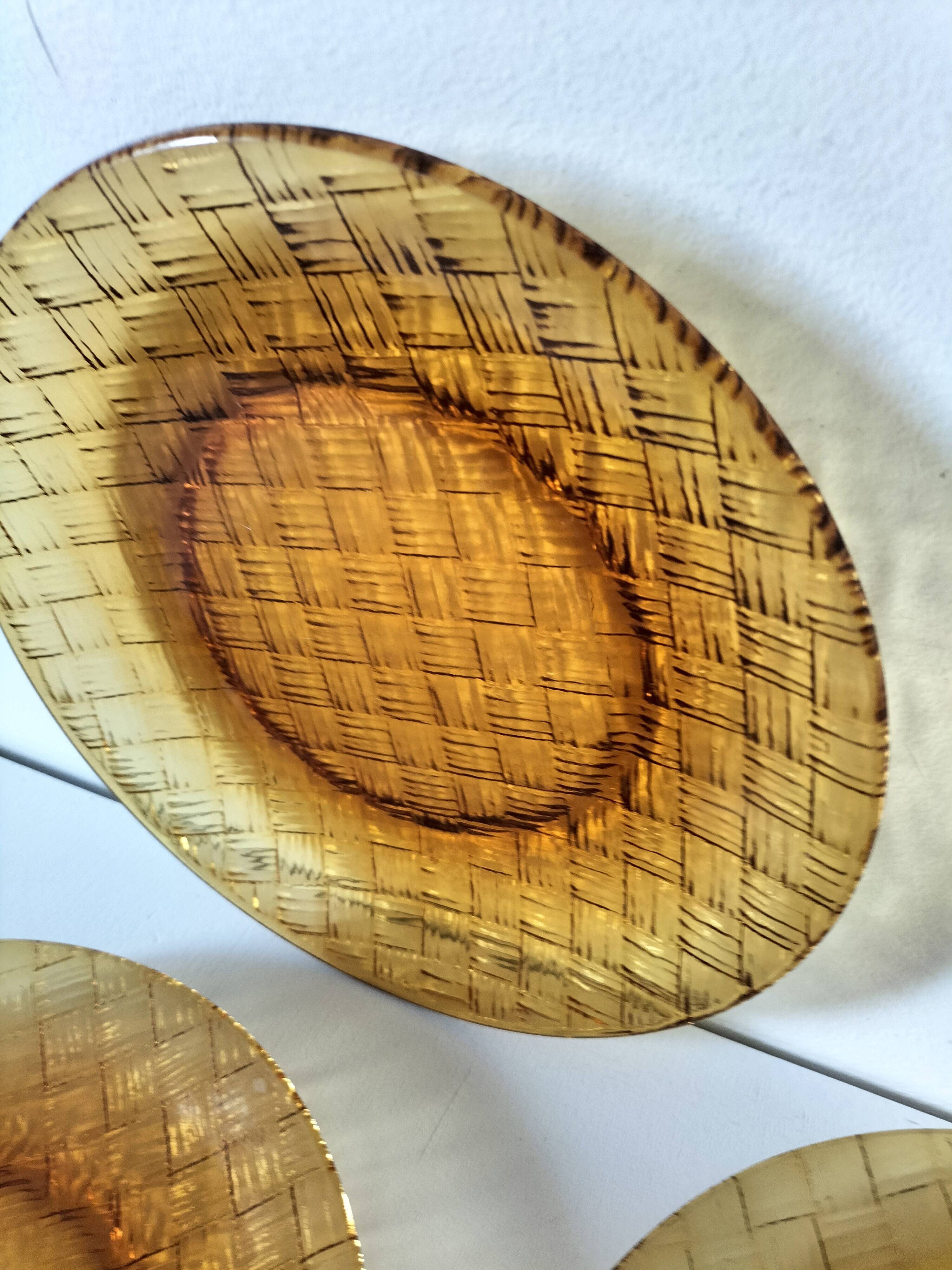 5 vintage pressed glass dessert plates with woven decoration