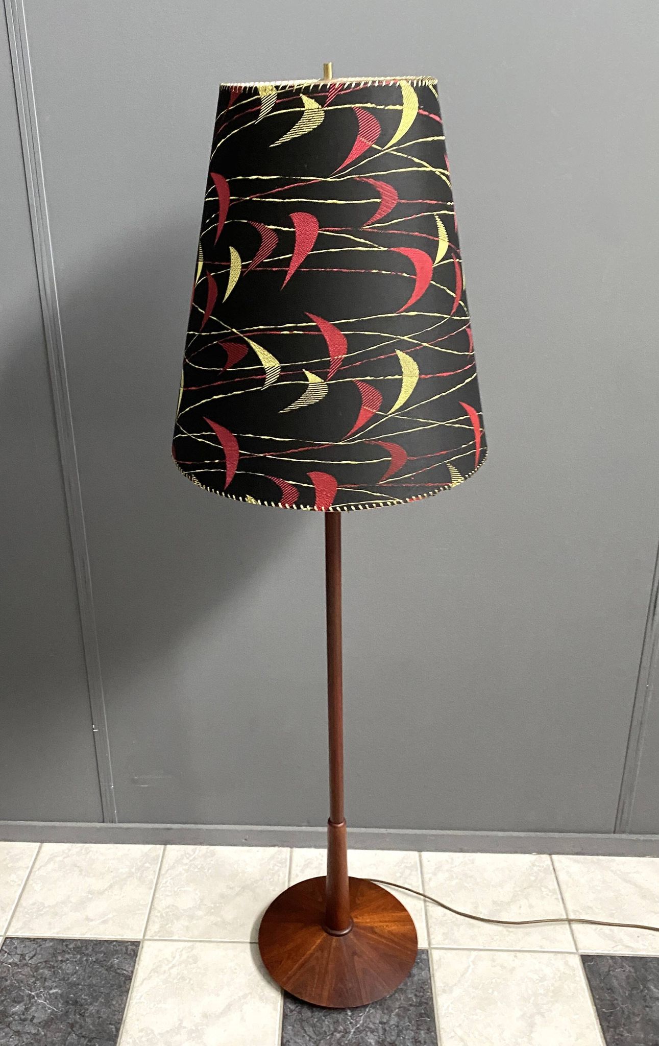 Danish Teak floor lamp with Black and Red , Yellow shade 1960s