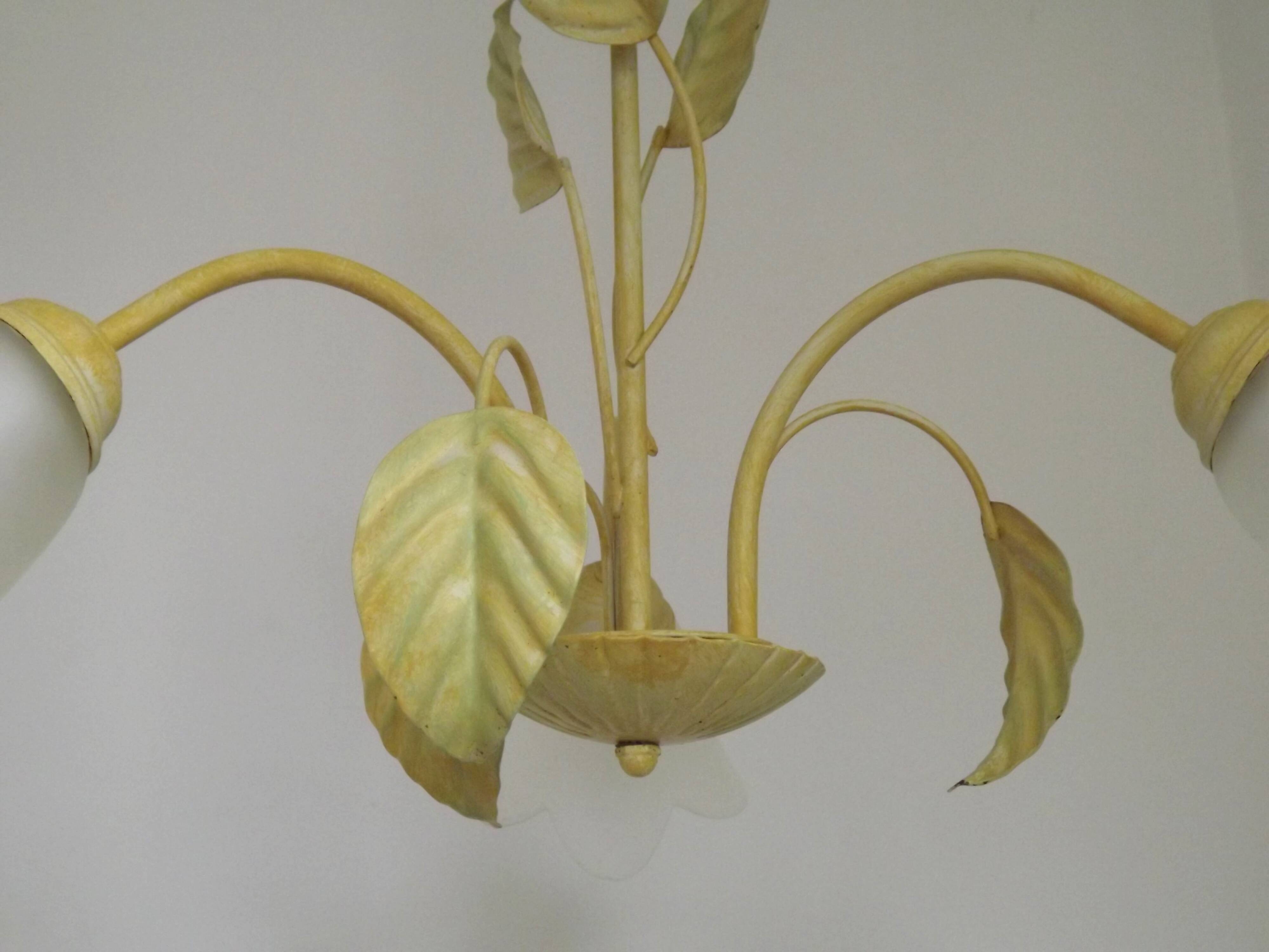 French vintage chandelier with 3 lights in leaf green metal and glass shades 5516