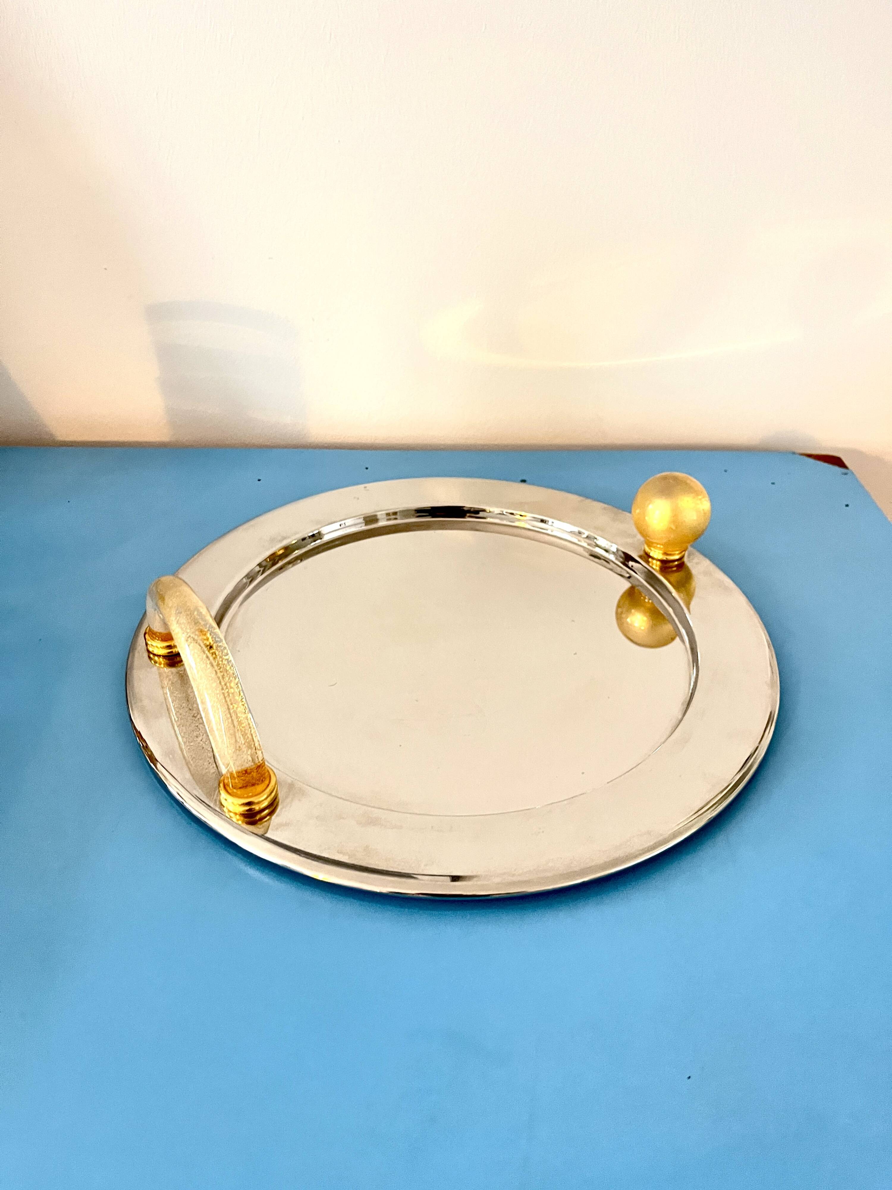Vintage Palladium-Plated Serving Tray with Murano Glass Handles, Italy, 80s