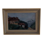Tableau ancien - chalet à la montagne