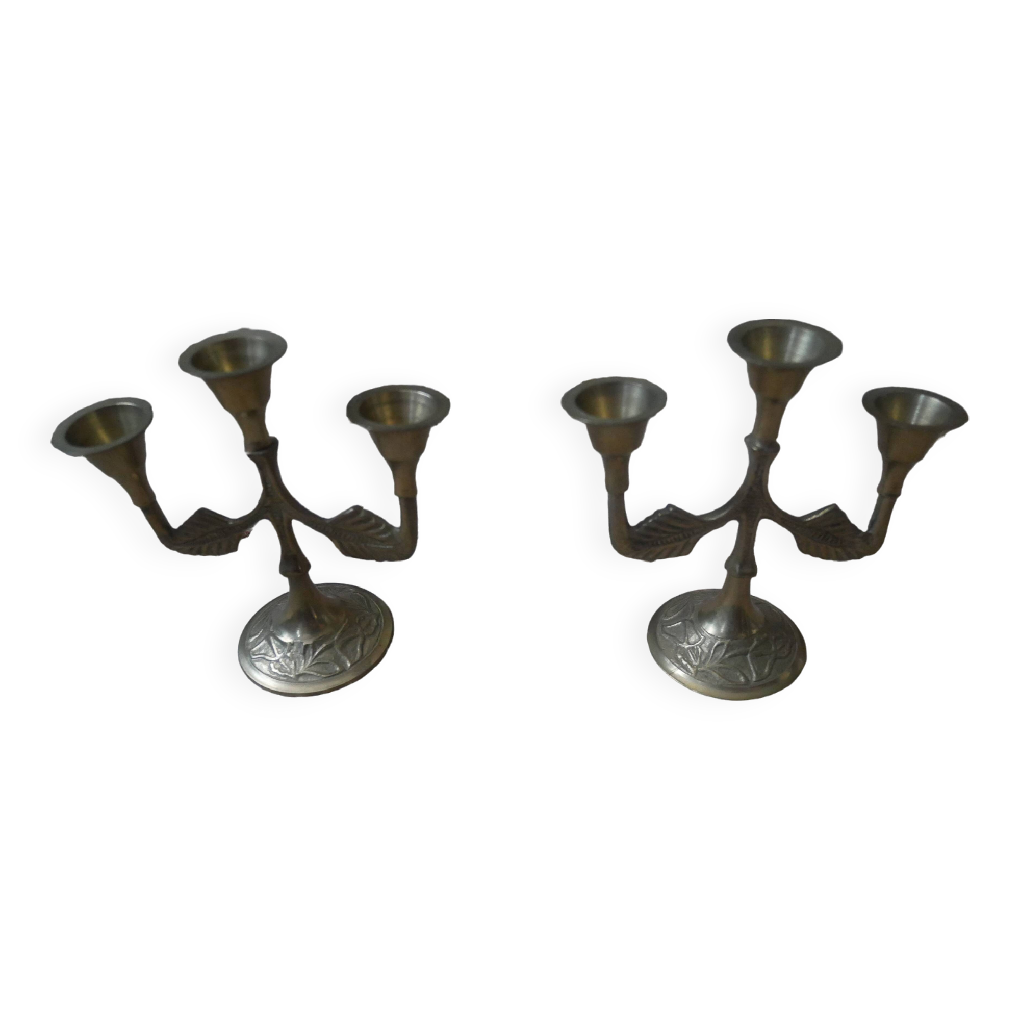 Pair of brass candlesticks in gold metal, Scandinavian bohemian decoration, old candlesticks