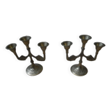 Pair of brass candlesticks in gold metal, Scandinavian bohemian decoration, old candlesticks