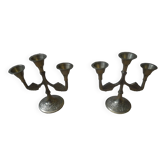Pair of brass candlesticks in gold metal, Scandinavian bohemian decoration, old candlesticks