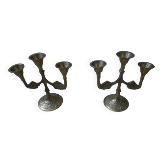 Pair of brass candlesticks in gold metal, Scandinavian bohemian decoration, old candlesticks