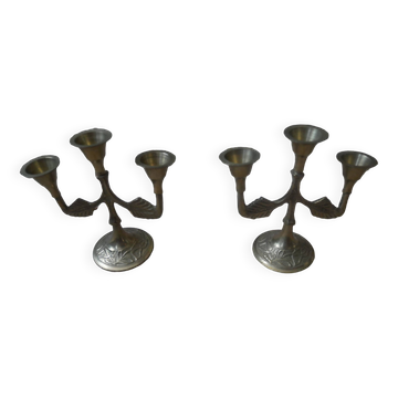 Pair of brass candlesticks in gold metal, Scandinavian bohemian decoration, old candlesticks