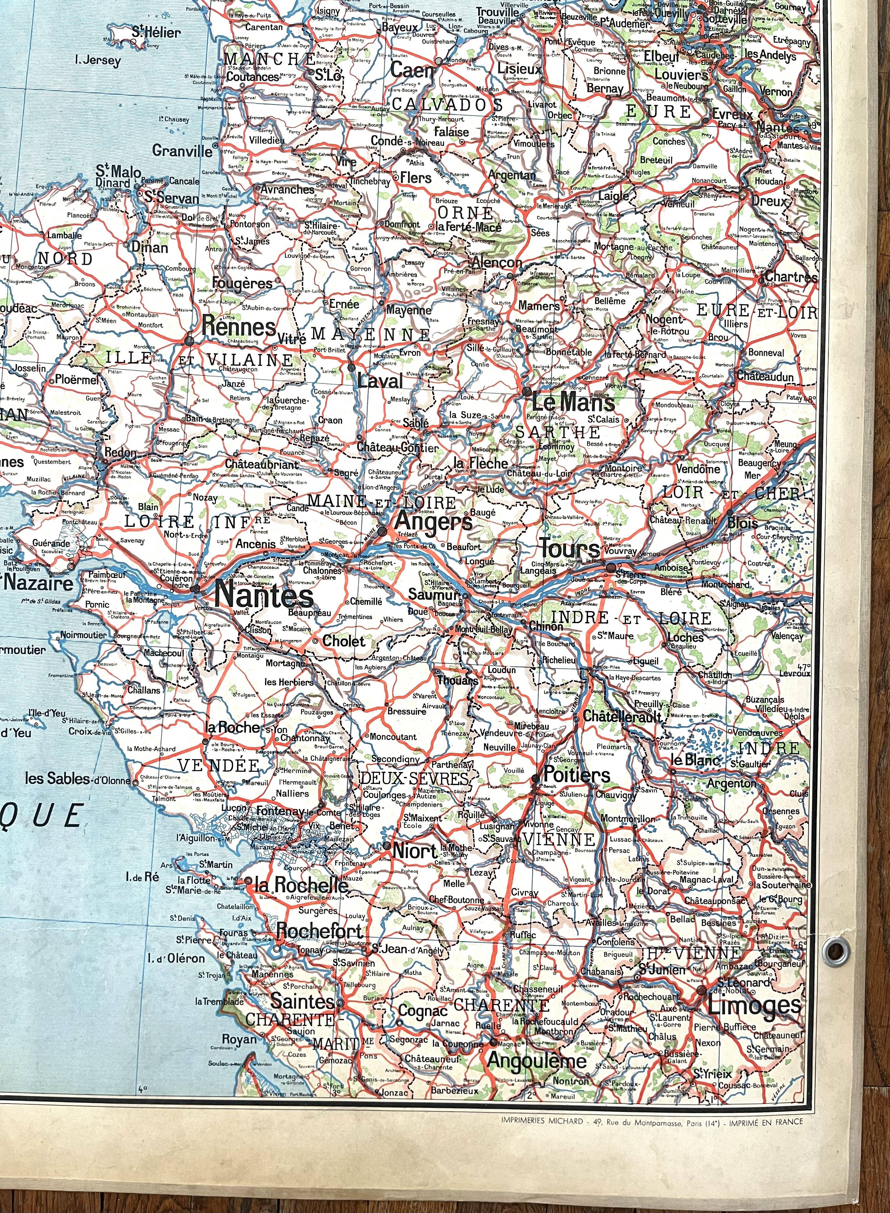 🌍Old school map Vidal-Lablache 60, 1940 - West France, Brittany