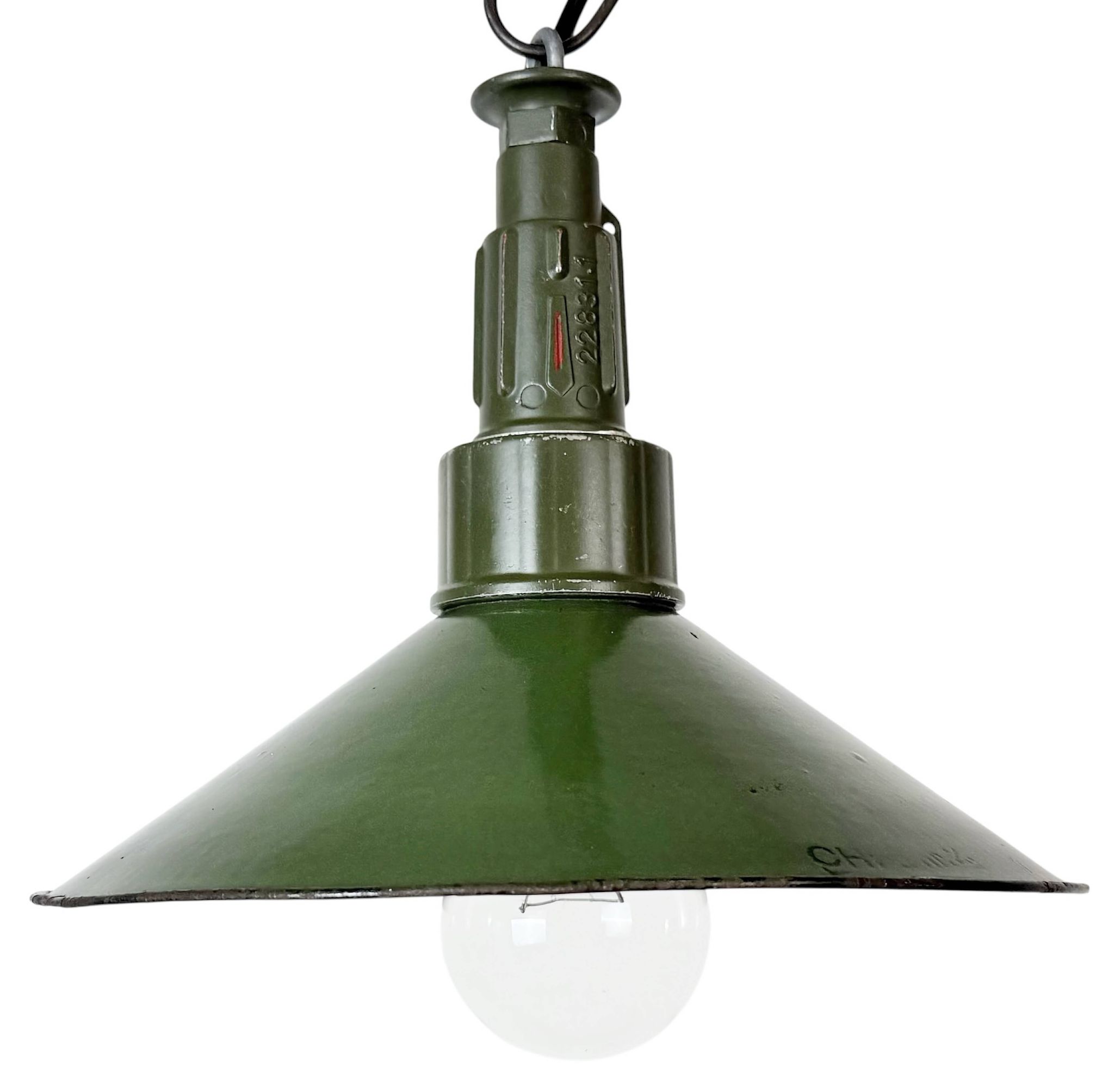 Industrial Green Enamel Military Pendant Lamp with Cast Aluminium Top, 1960