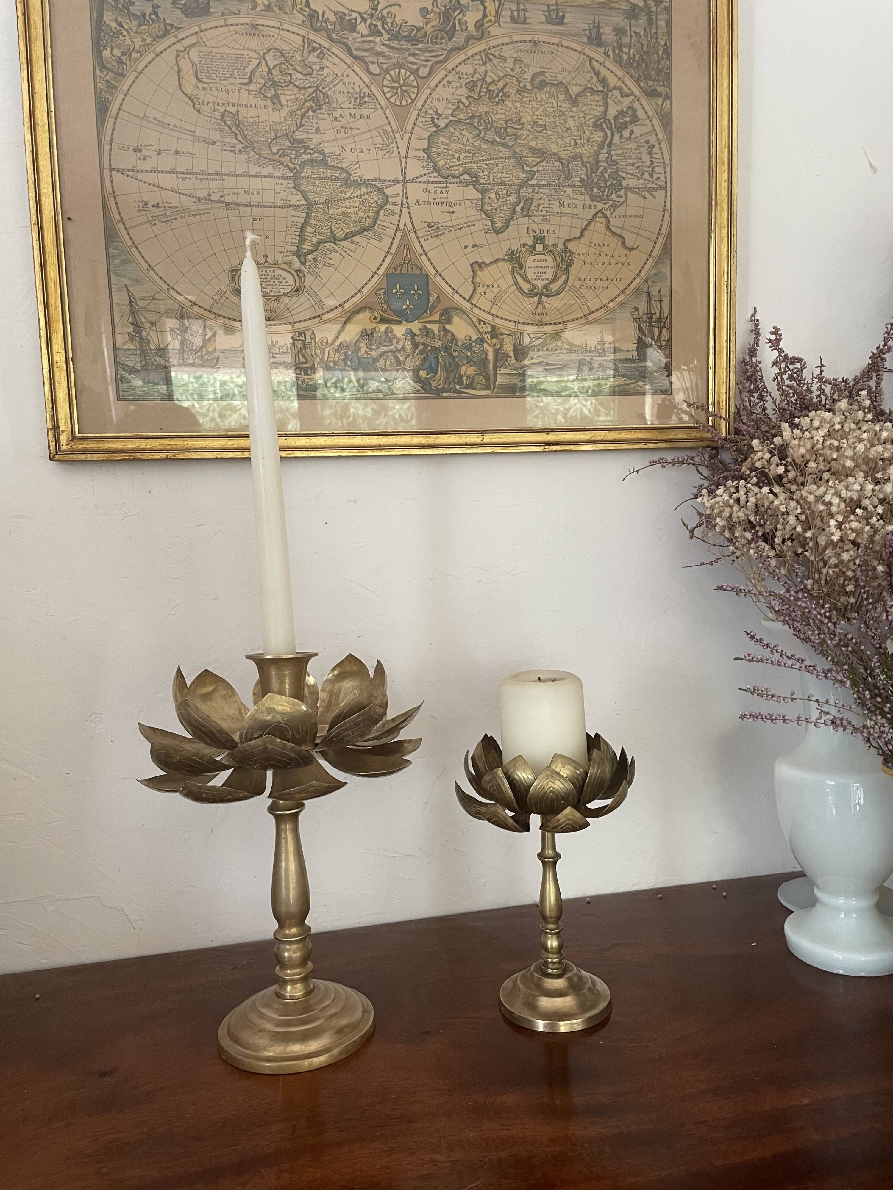 Set of two old brass lotus flower candlesticks