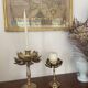Set of two old brass lotus flower candlesticks