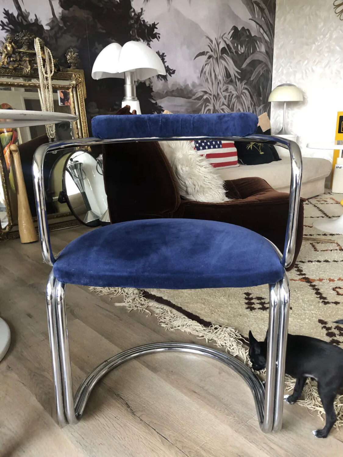 Set of four vintage chrome and velvet chairs