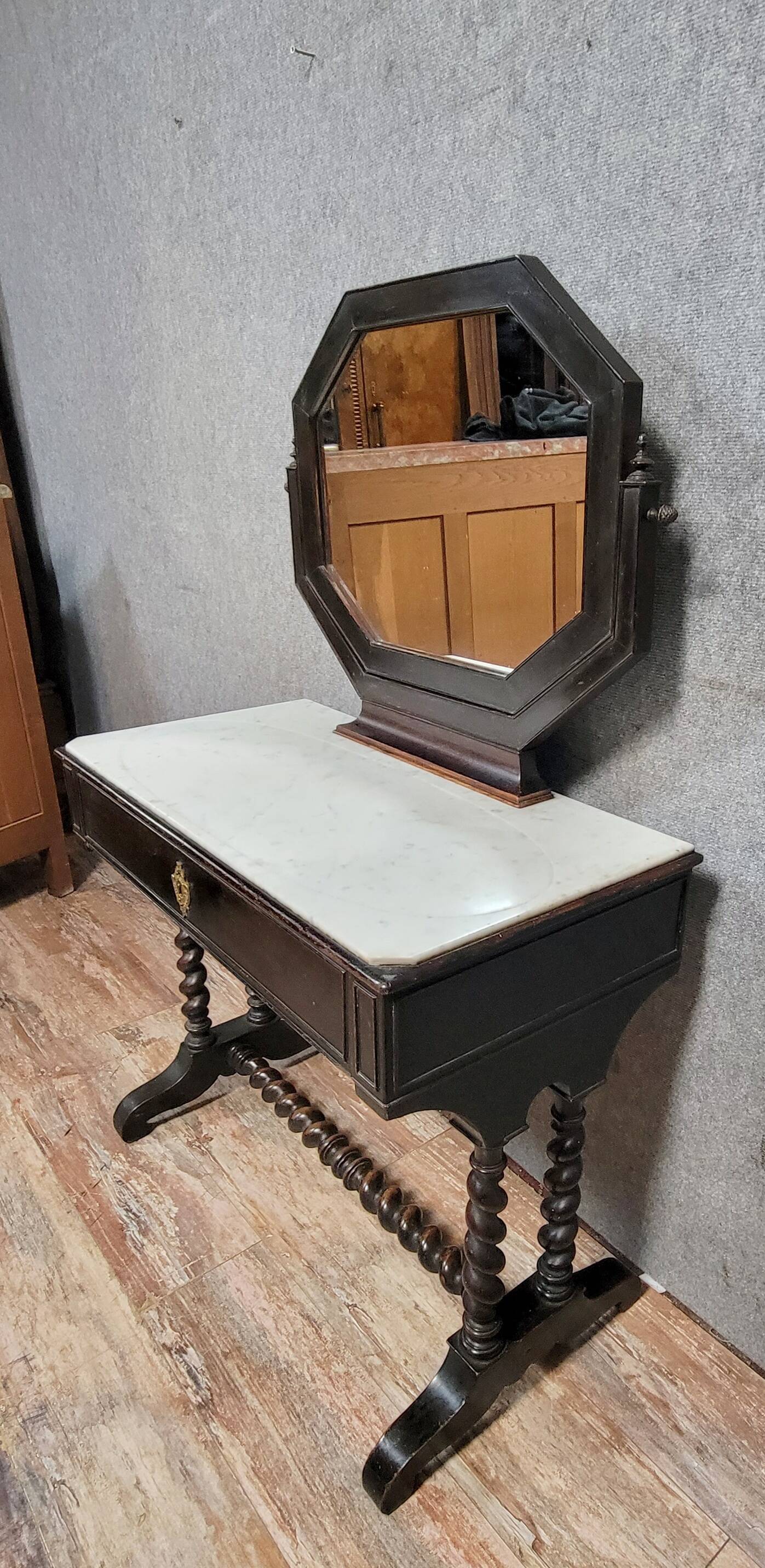 Napoleon III style dressing table in blackened wood, featuring an elegant octagonal mirror