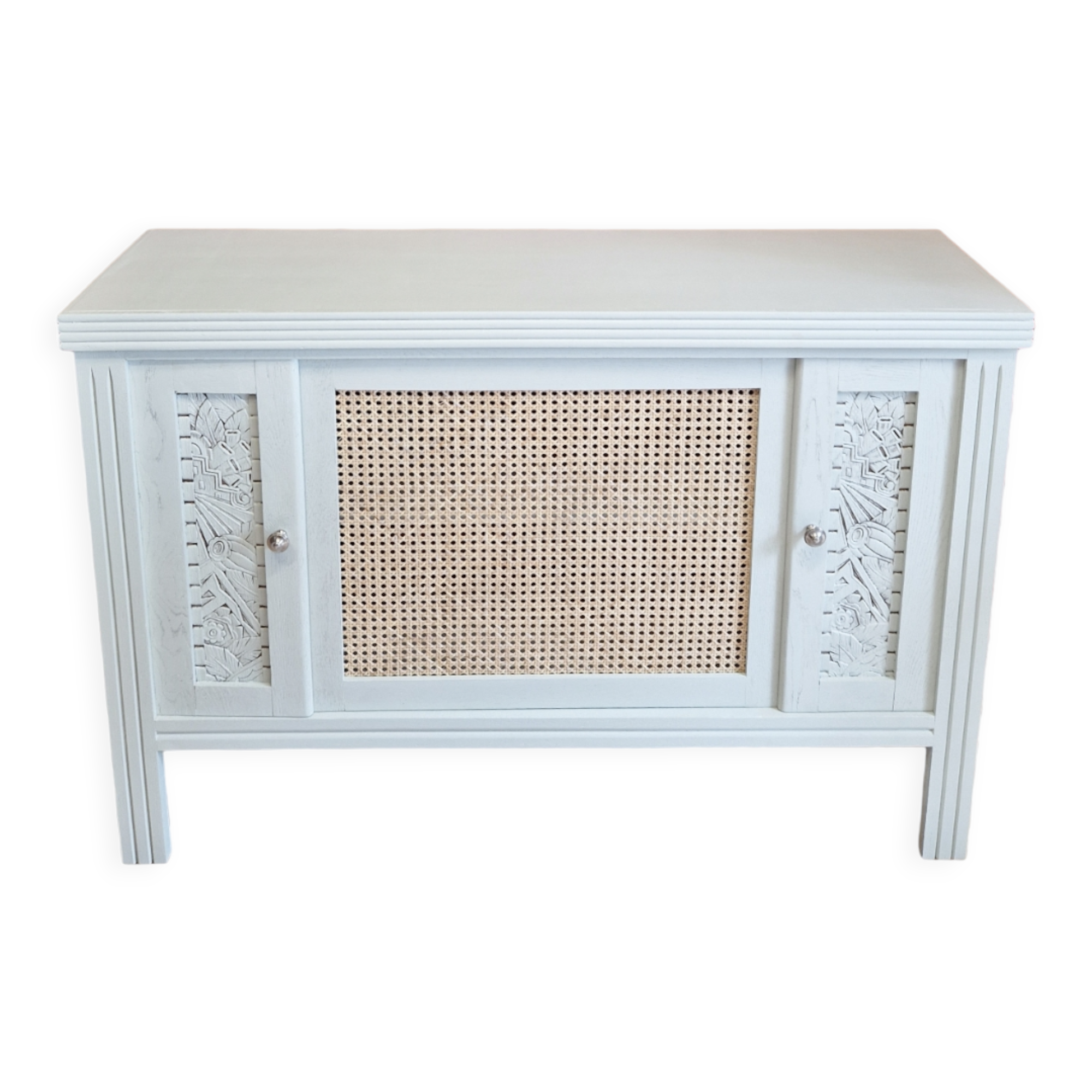 Buffet 3 portes en chêne style art déco relooké avec porte en cannage