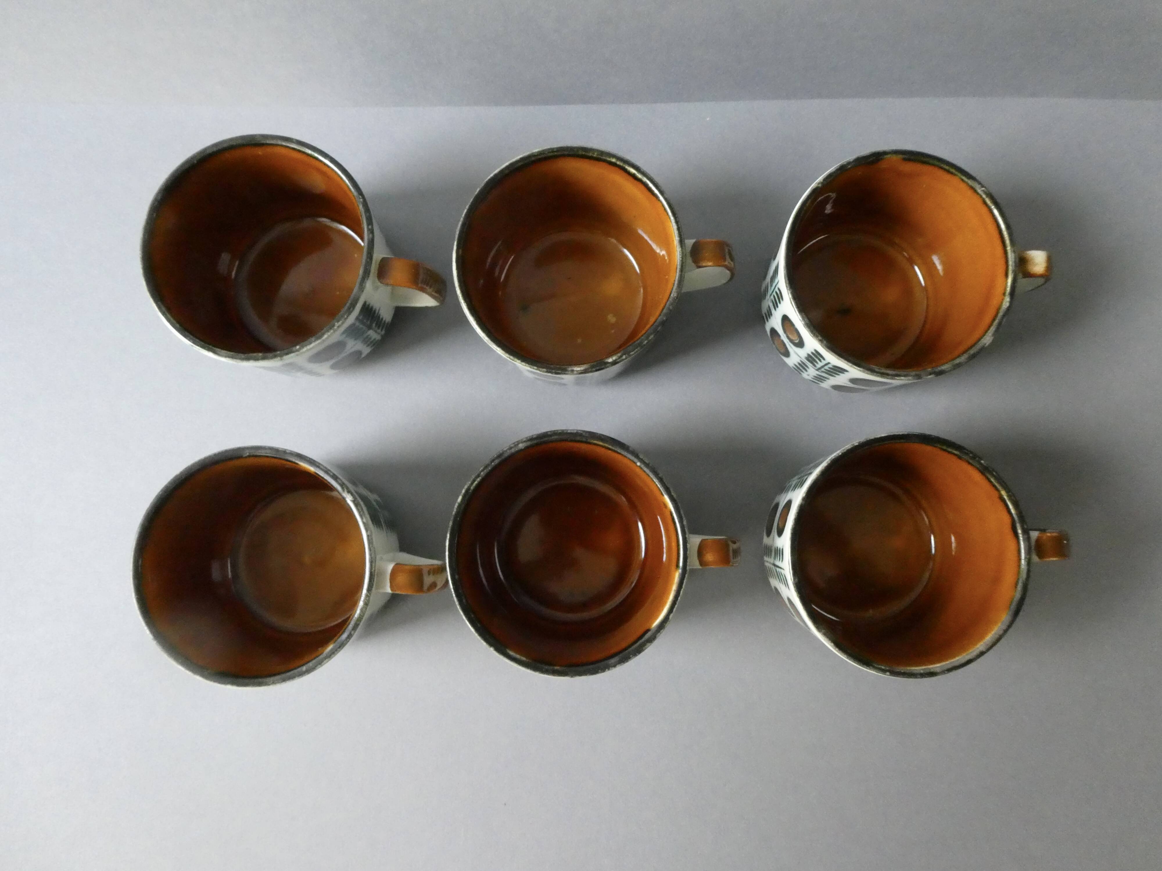 6 Boch La Louvière coffee cups, walnut decor, 1960s