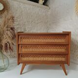 Vintage wooden and rattan chest of drawers in the 60s
