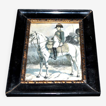 Old frame in black and gold lacquered wood - engraving of Napoleon in paper 16x13.5