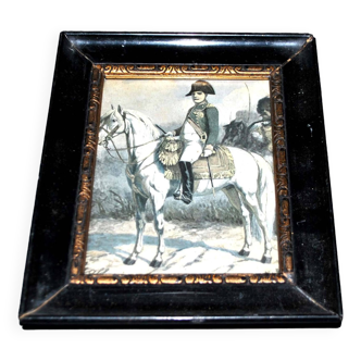 Cadre ancien en bois laqué noir et or - gravure de Napoléon en papier