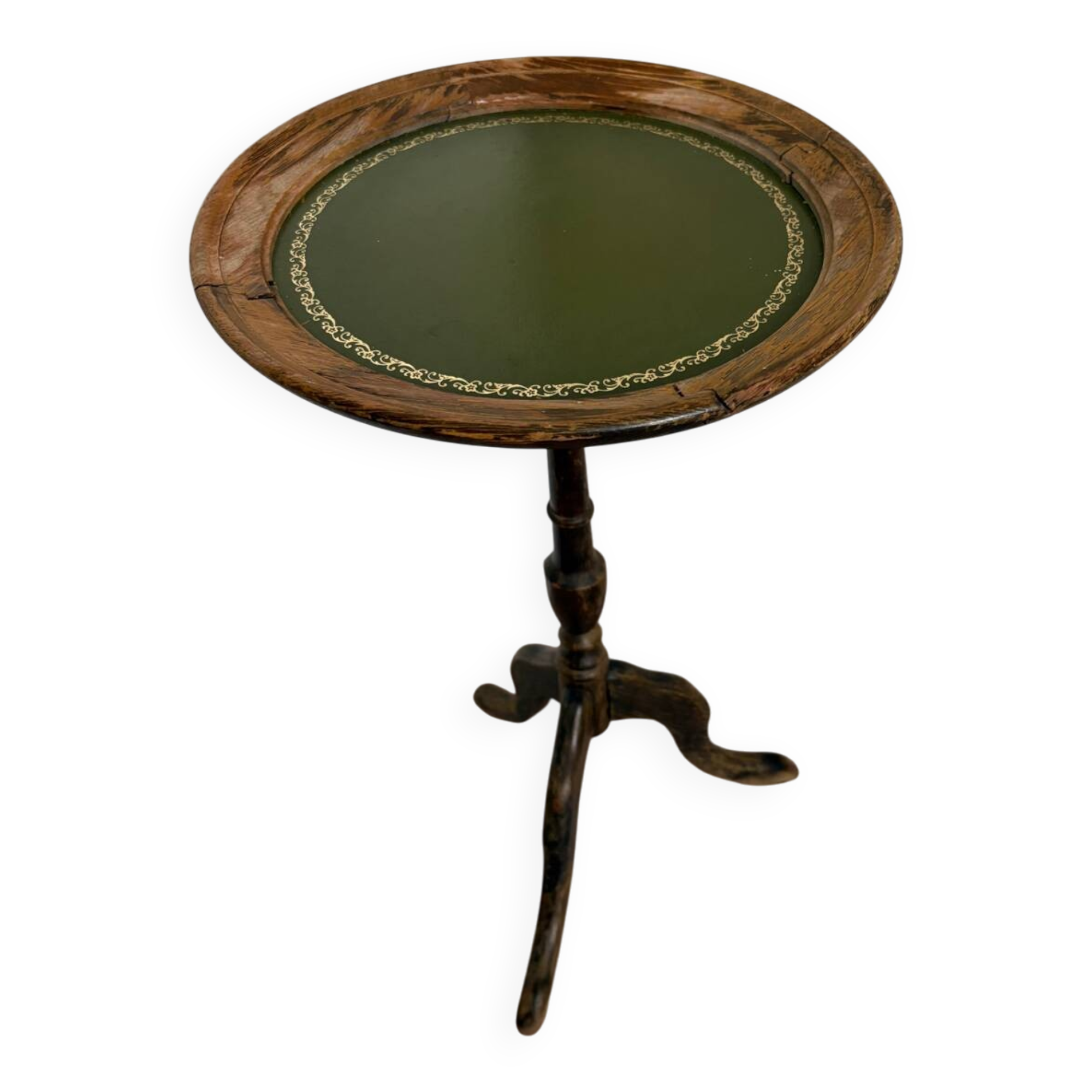 Antique wooden gueridon – green leather top with gold detailing – early 20th century