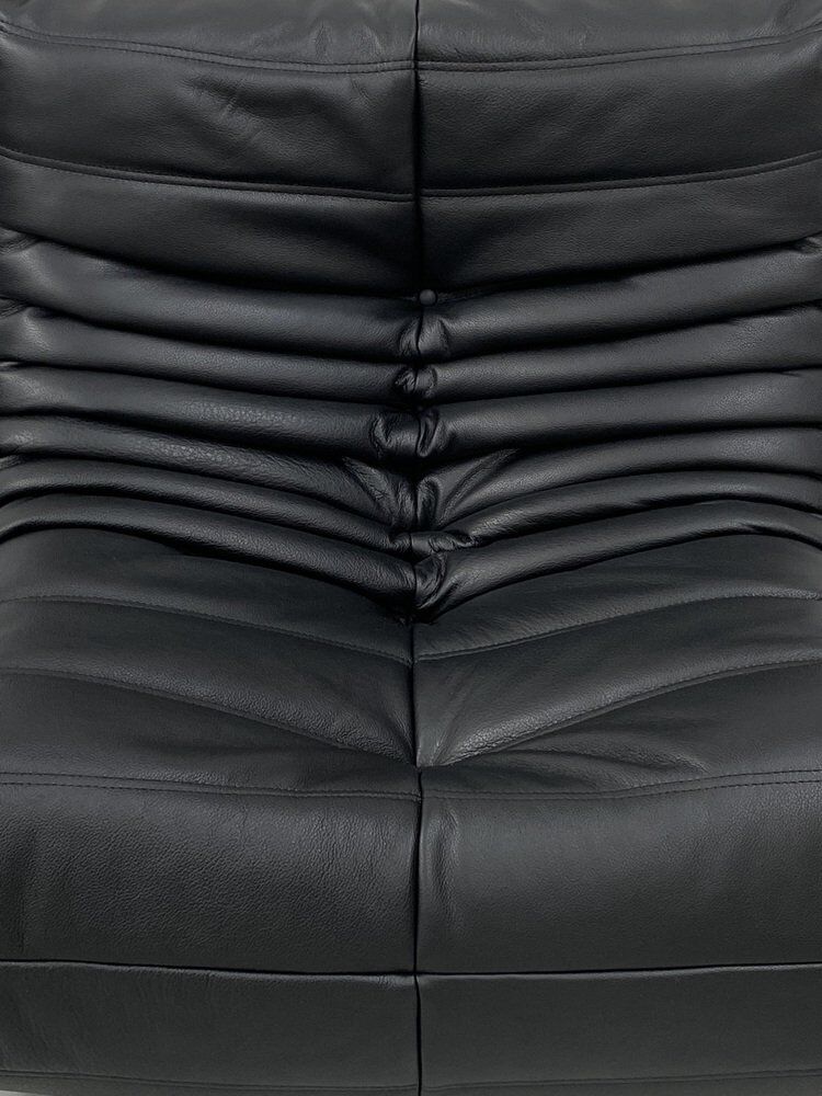 Togo lounge chairs in black leather attributed to Michel Ducaroy for Ligne Roset, set of 2