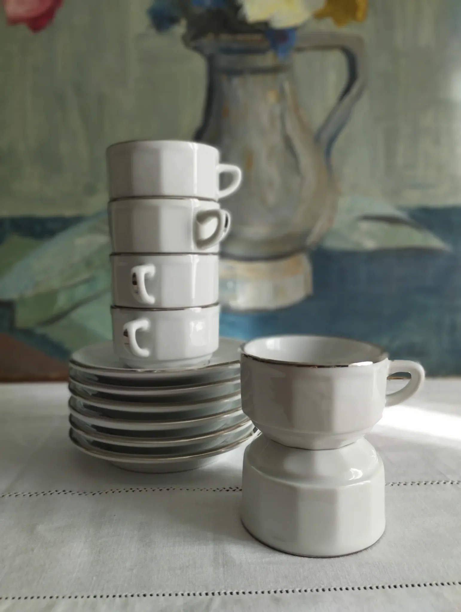 6 white porcelain coffee cups with silver trim Apilco Deshoulières
