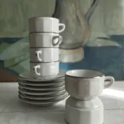 6 white porcelain coffee cups with silver trim Apilco Deshoulières