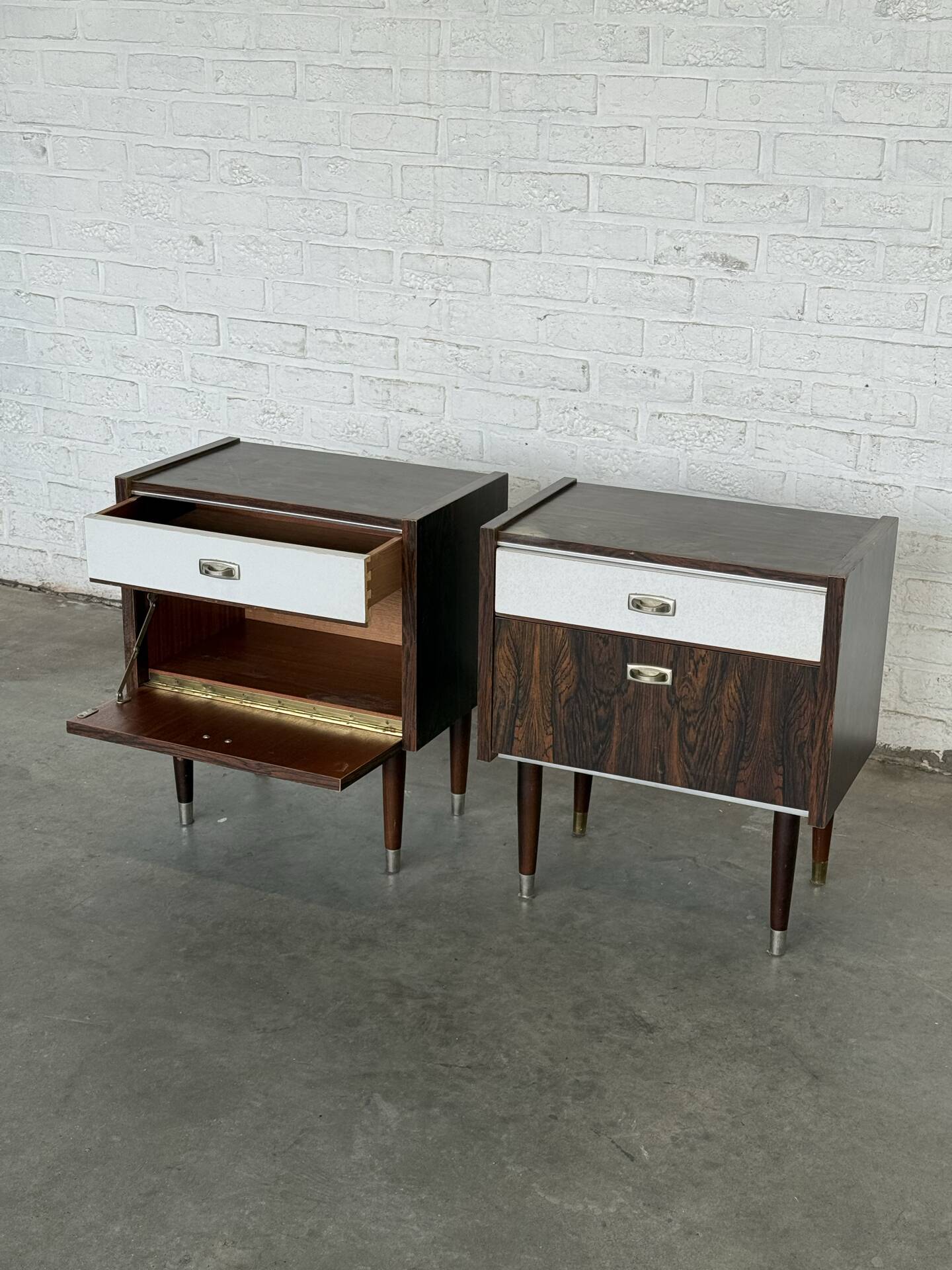 Pair of Vintage 1960s Nightstands — Rosewood & White Formica