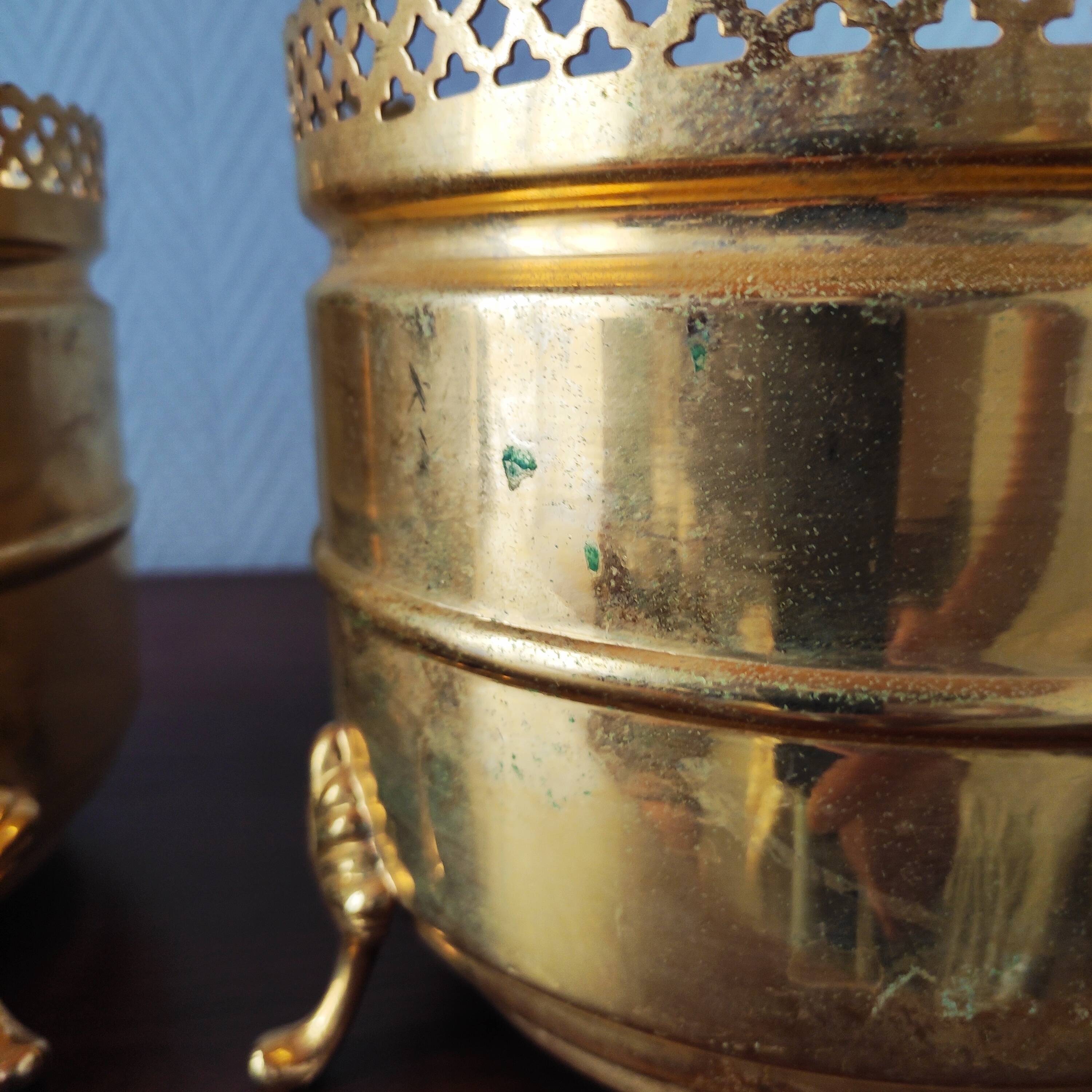 Pair of vintage brass planters with openwork gallery cache-pot.