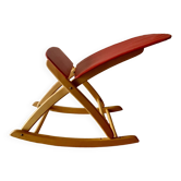 Repose-pieds à bascule vintage en Skaï rouge et en bois