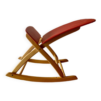 Vintage rocking footstool in red Skai and wood