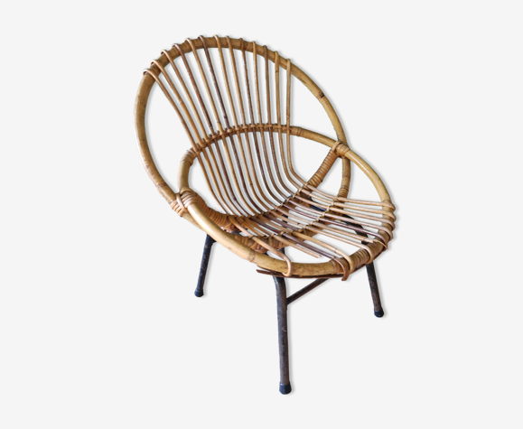 Chaise fauteuil coquille enfant acier rotin bambou vintage