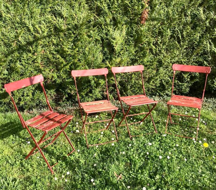 set of 4 folding iron and wood garden chairs early twentieth century