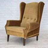 1970s, Danish high back armchair, furniture velour, oak wood legs.