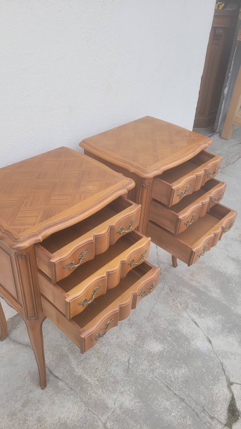 Pair of Louis xv style bedside tables in cherry wood, 3 drawers