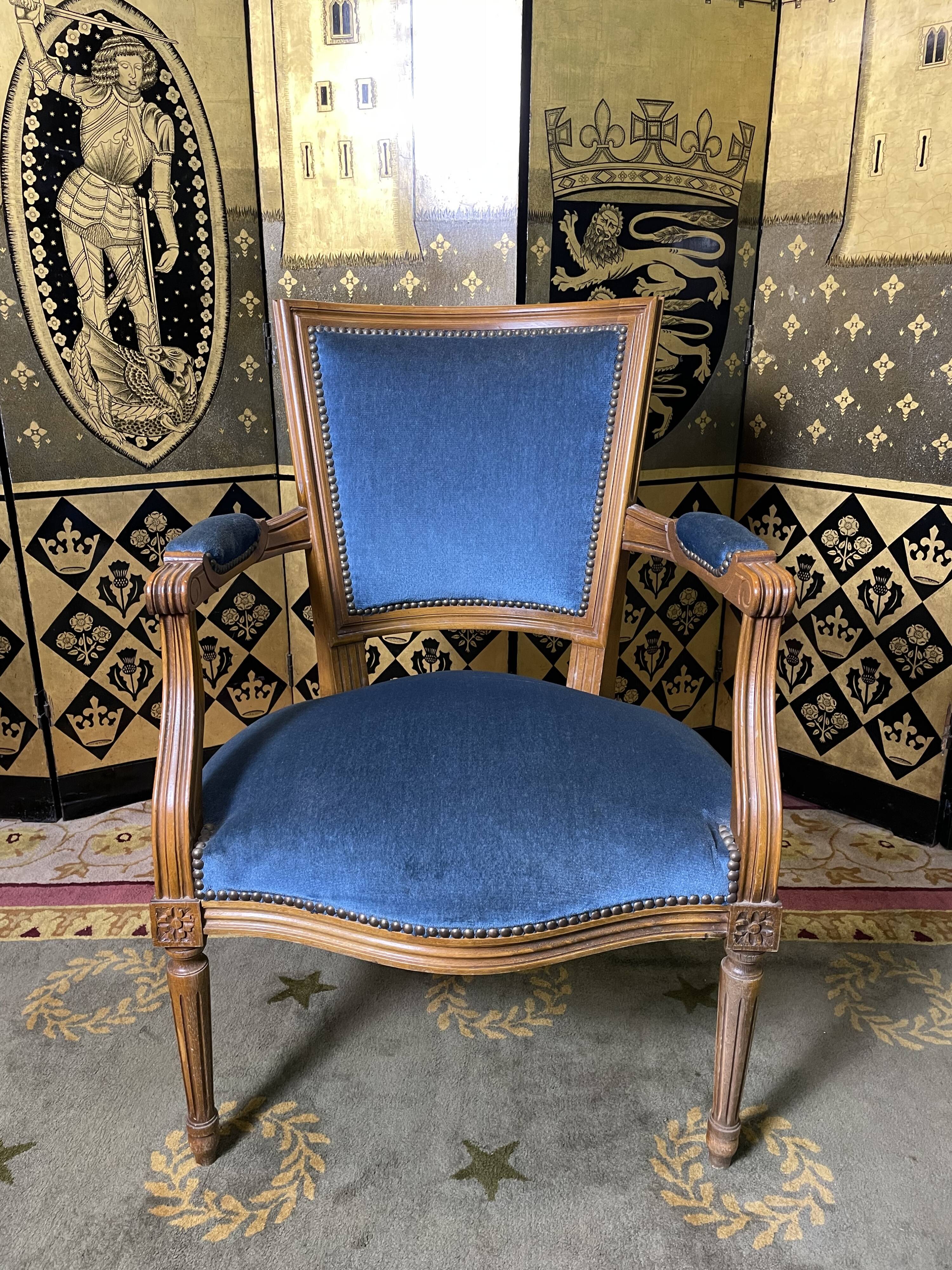 Louis XVI style convertible armchair blue velvet