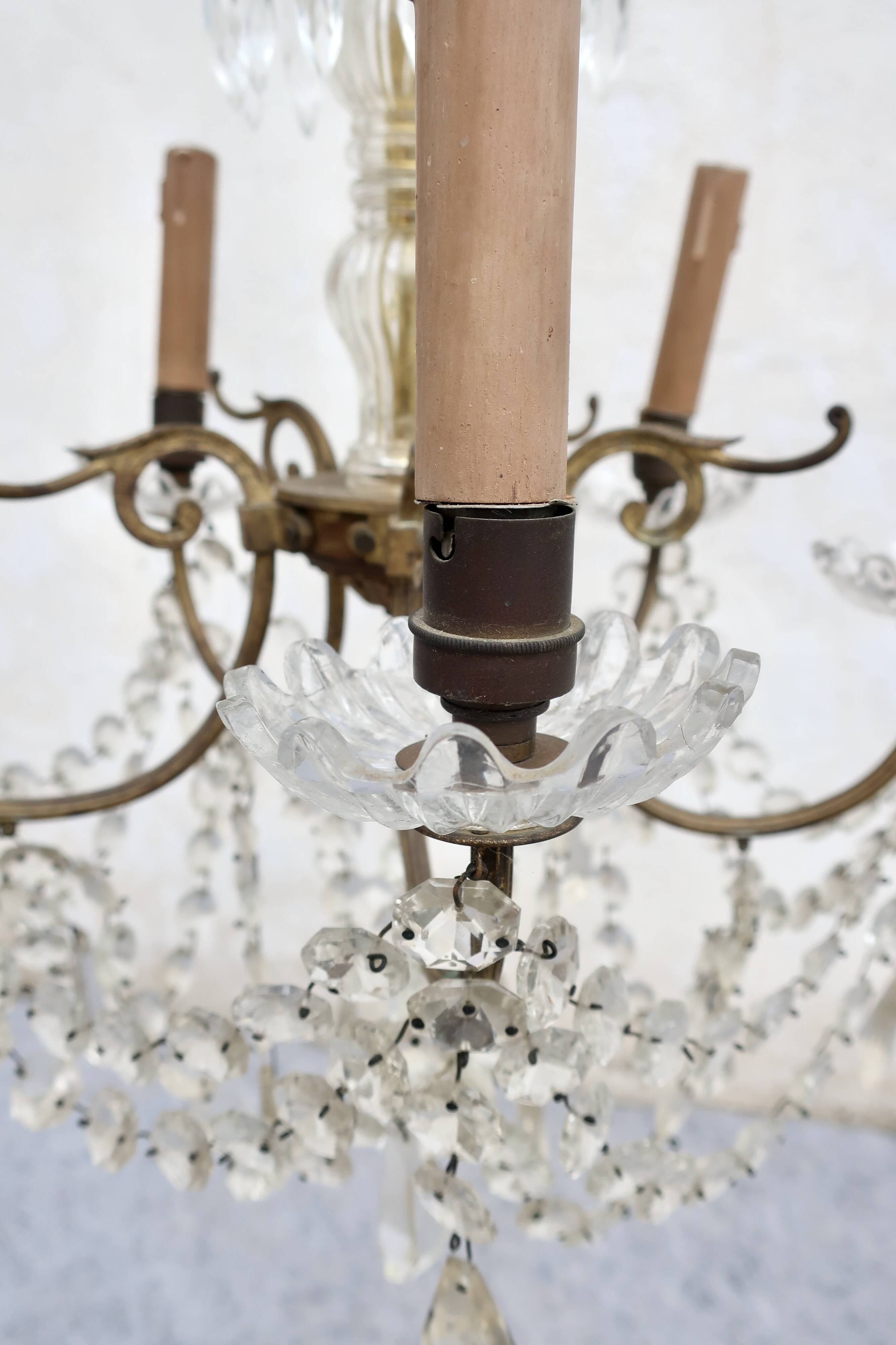 Bronze chandelier with crystal pendants circa 1950, 5 lights, H = 81 cm