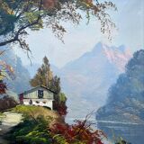 HST painting "Lake mountain landscape" signed Vernon + frame