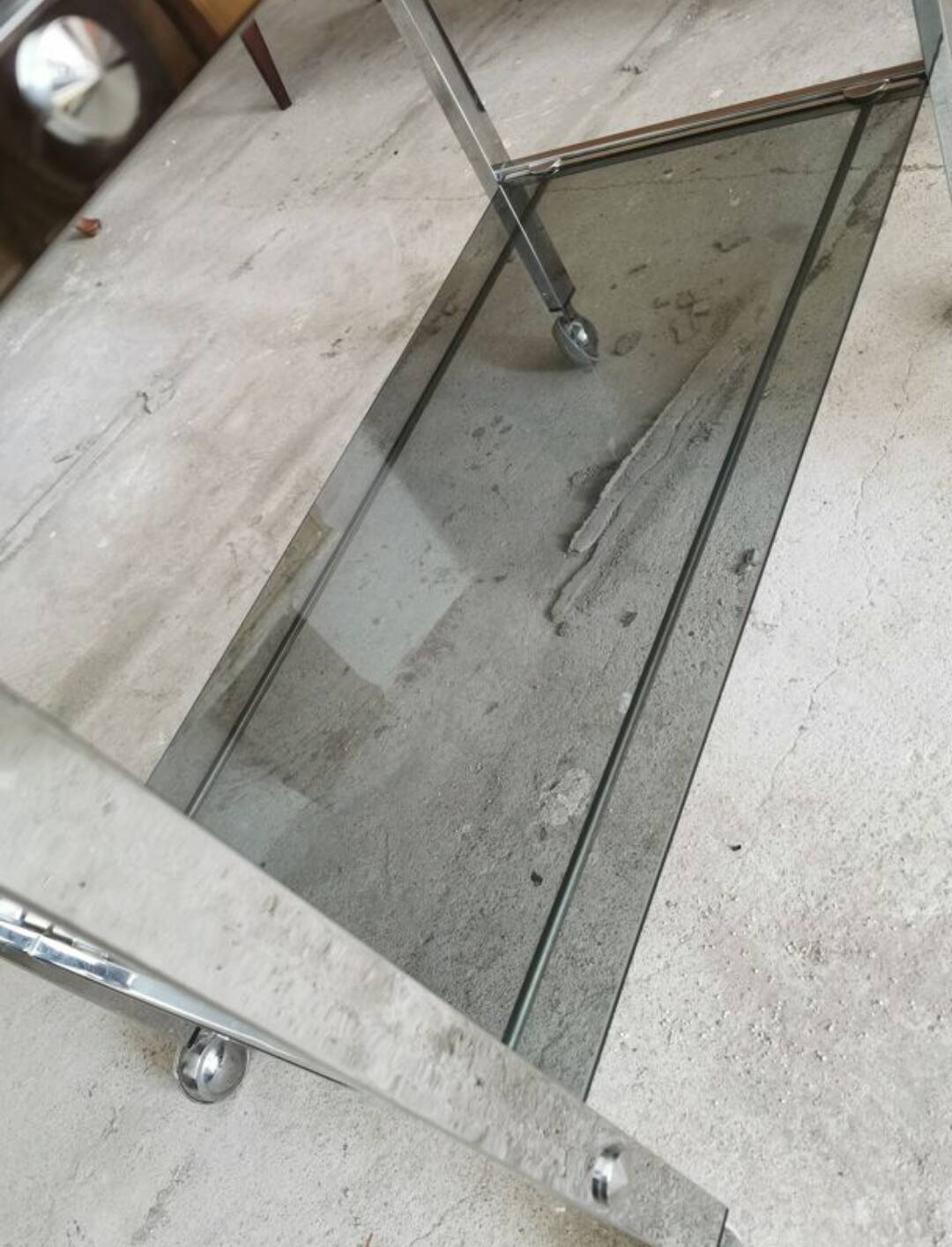 Table d'appoint, desserte, console en verre et métal chromé