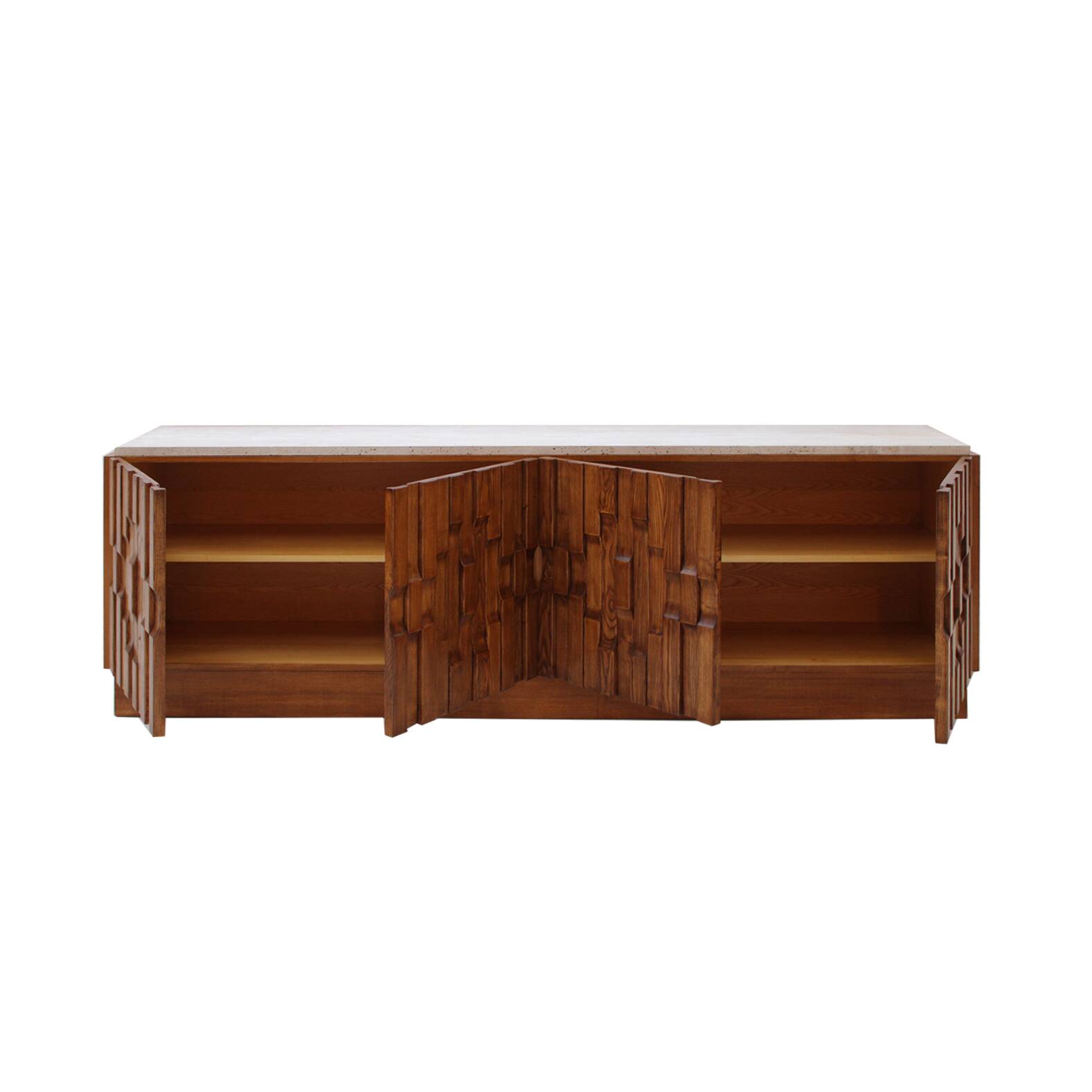 Italian Oak Wood Sideboard with Travertine Marble Top and Hand Carved Patte